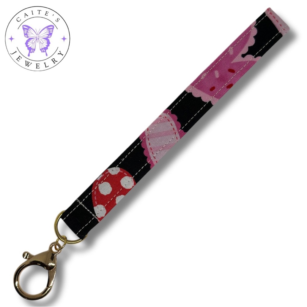 Handmade Gold Keychain with a Patterned Hearts Fabric